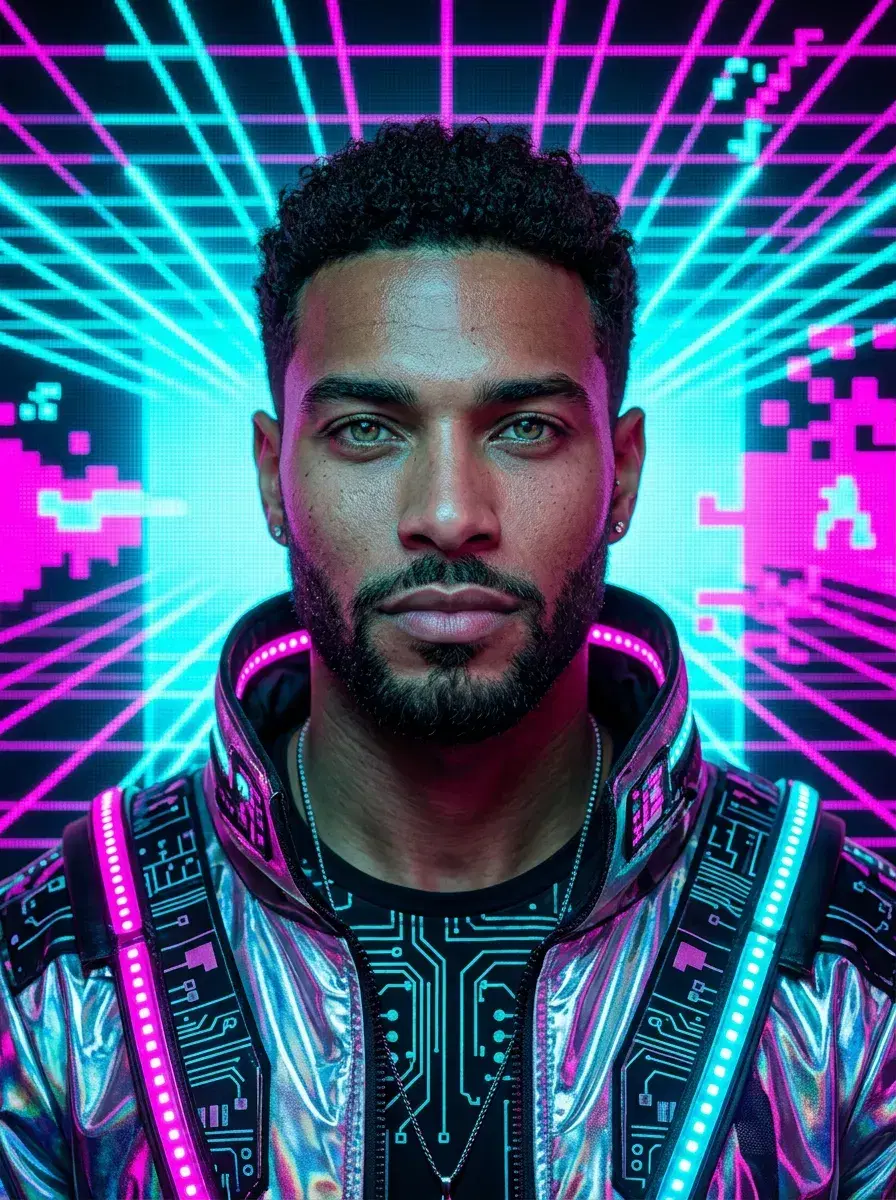 AI AI Pixel Art Photos — Retro Game Vibes — Person as a retro pixel art space explorer against a pixelated starfield