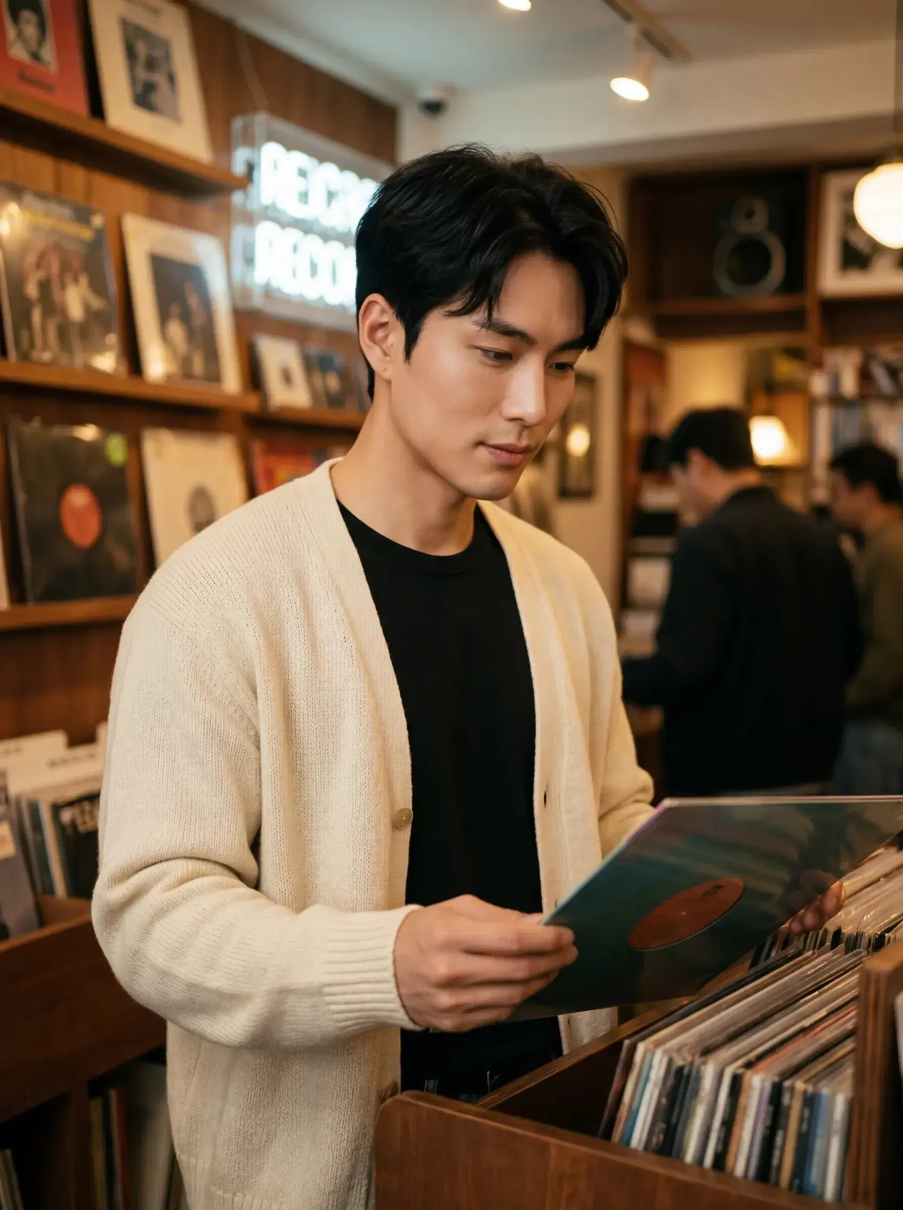 AI AI Polaroid Photos — vinyl record shop, knit cardigan, warm tungsten retro tones