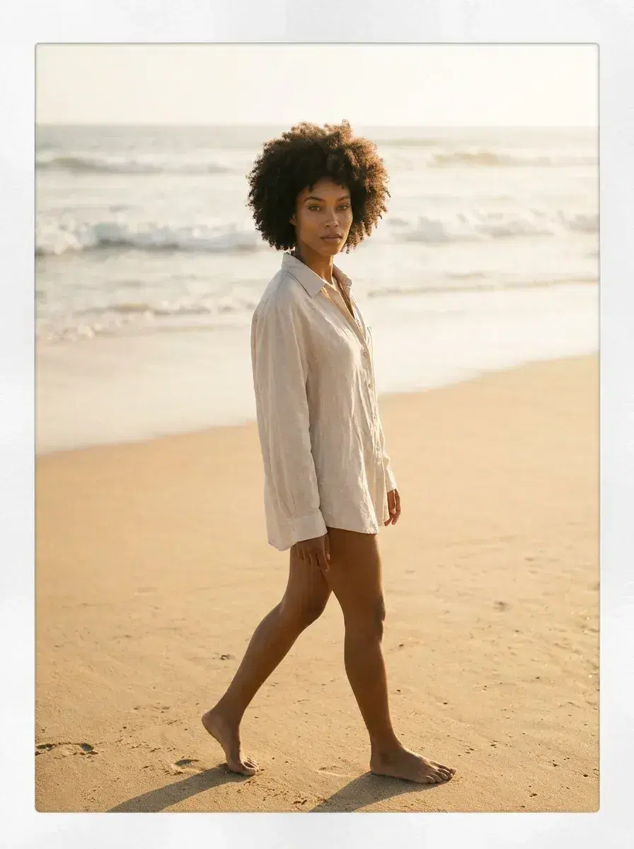 AI AI Polaroid Photos — sandy beach walk, linen shirt, sun-bleached instant film