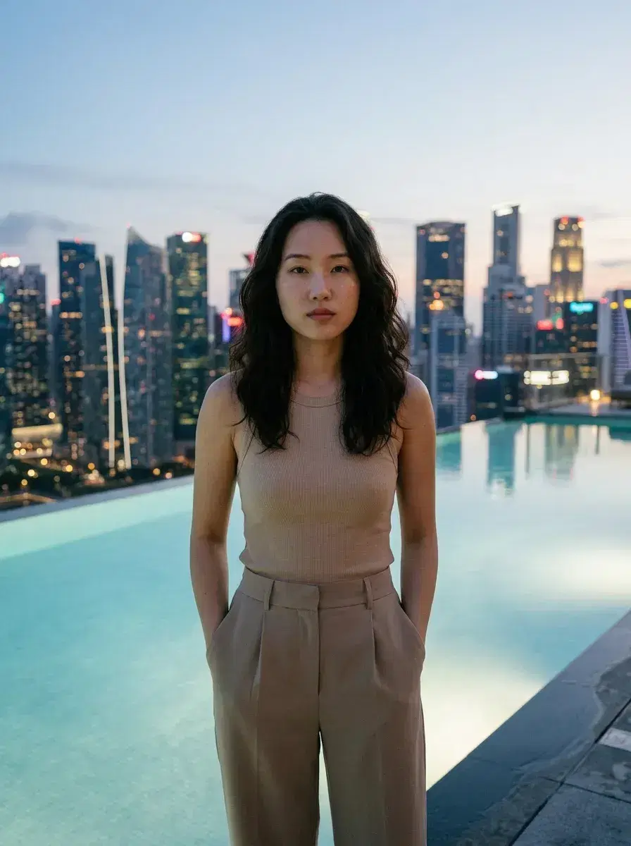 AI AI Posing Photos — Look Iconic — Three-quarter AI posing photo at a rooftop infinity pool at dusk with city lights