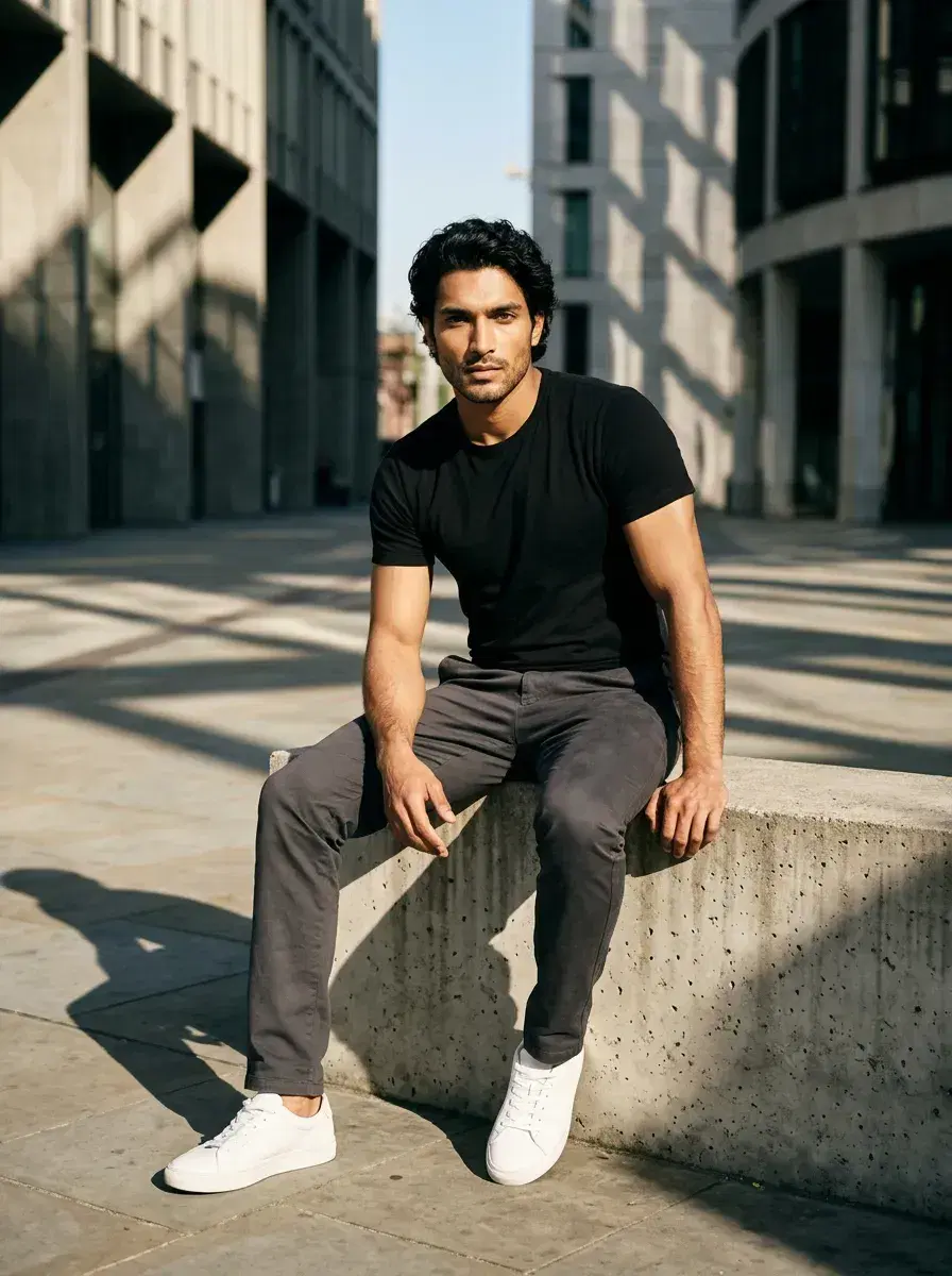 AI AI Posing Photos — Look Iconic — Medium shot AI posing photo seated on a concrete ledge in a sunlit urban plaza