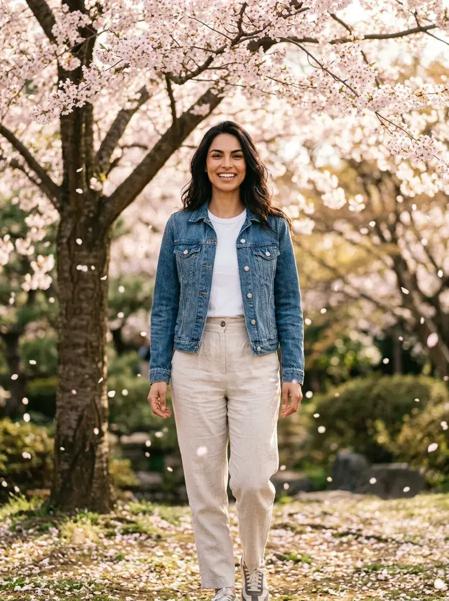 AI AI Posing Photos — Look Iconic — Three-quarter AI posing photo under a cherry blossom tree in a Japanese garden