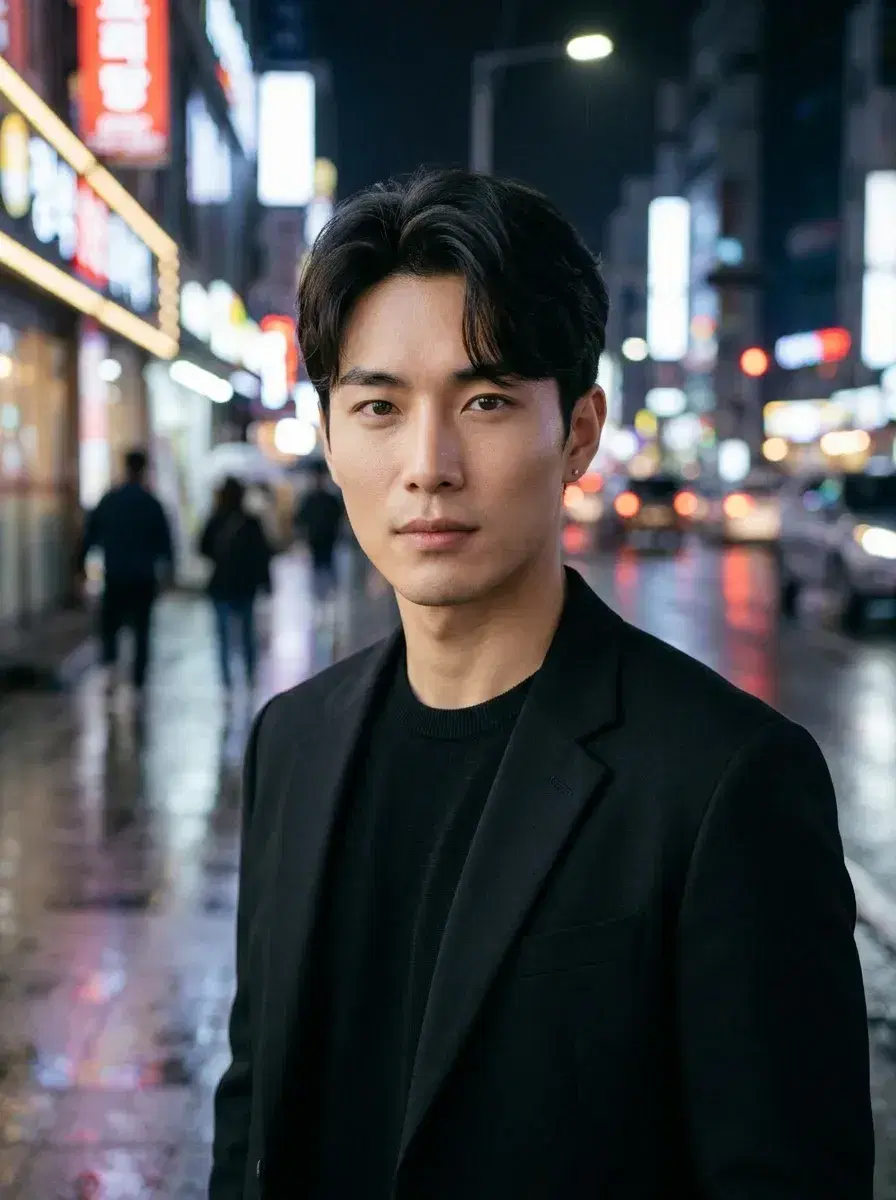 AI AI Posing Photos — Look Iconic — Person in a confident waist-up AI posing photo on a neon-lit city street at night