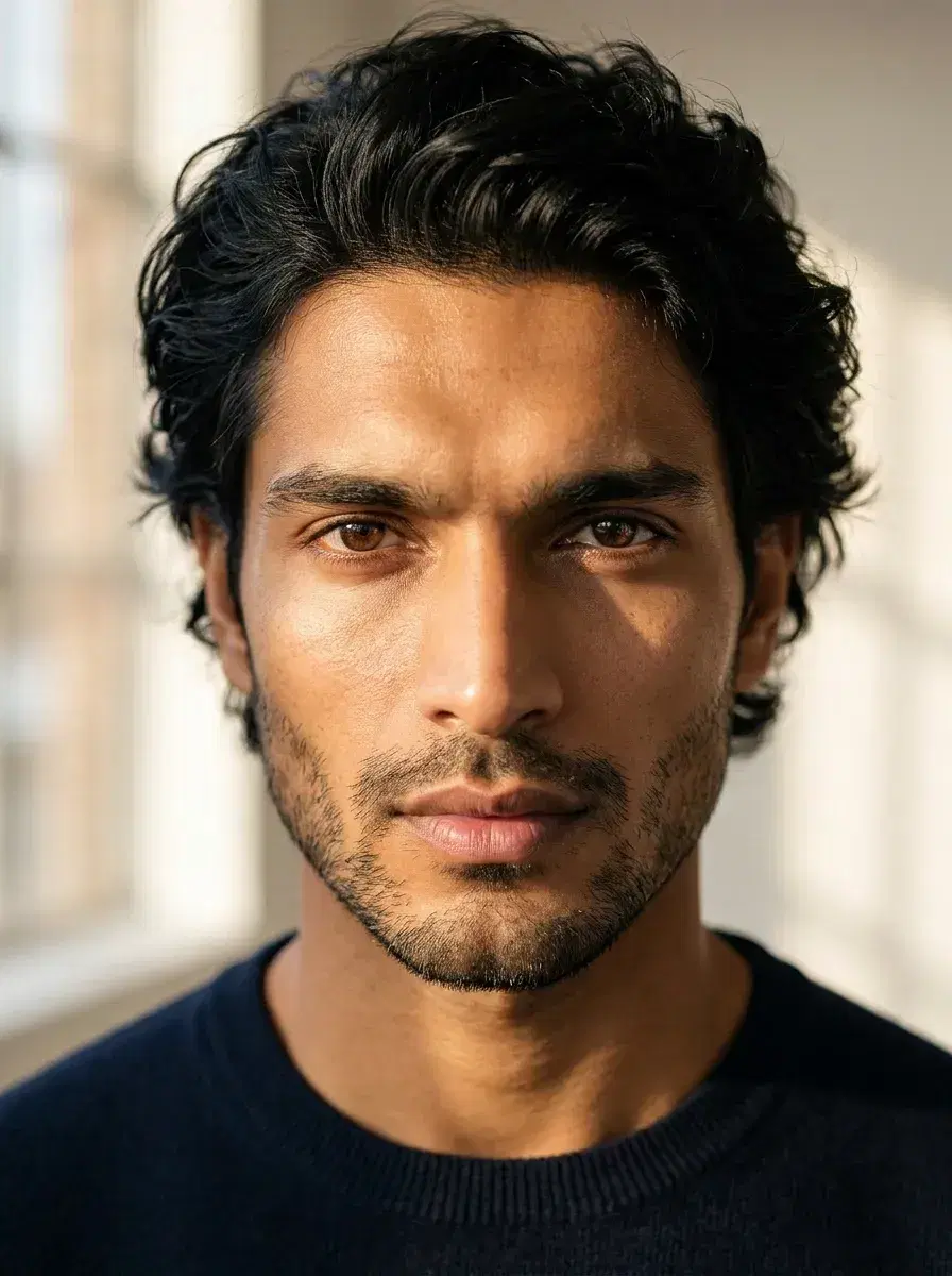 AI AI Posing Photos — Look Iconic — Close-up AI posing photo with golden-hour window light and sharp editorial focus