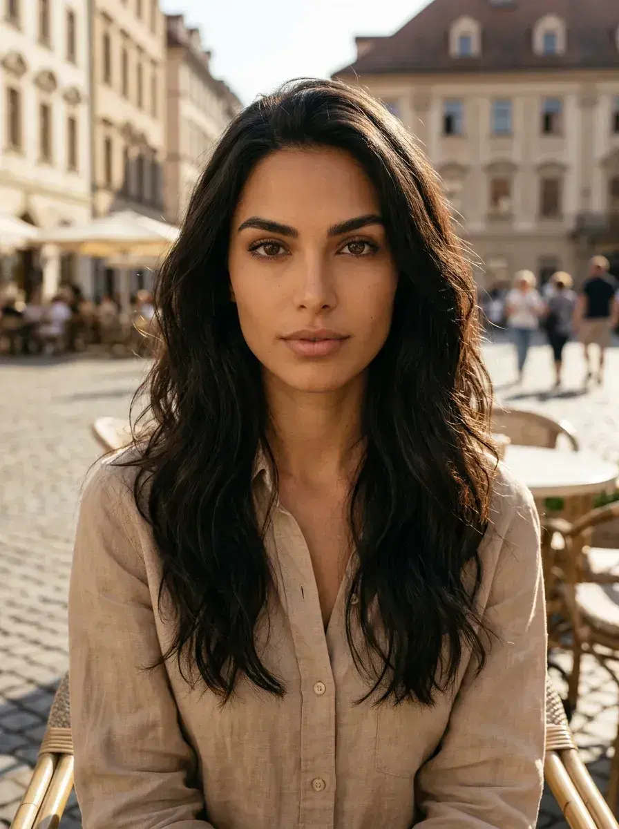 AI AI Posing Photos — Look Iconic — Chest-up AI posing photo at a sunlit European café with warm afternoon light