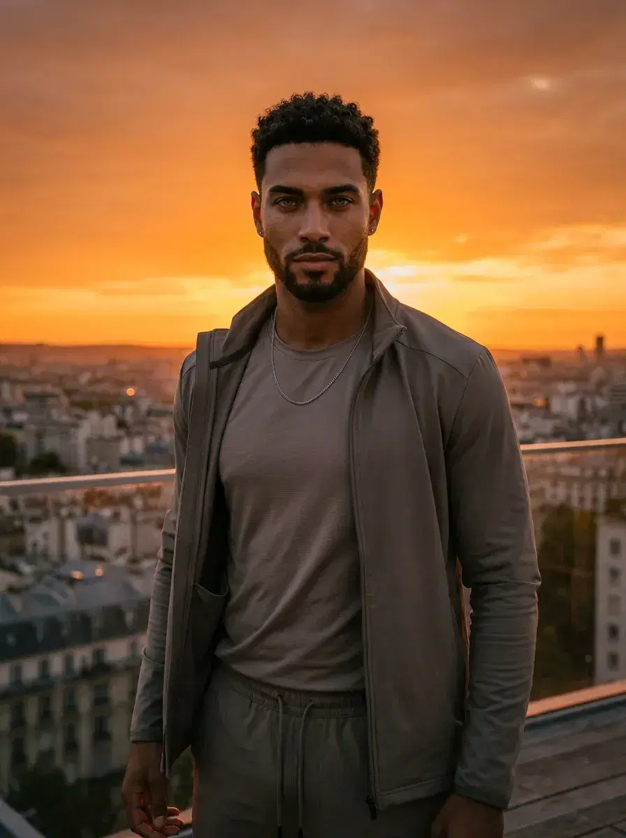 AI AI Posing Photos — Look Iconic — Three-quarter AI posing photo on a rooftop at sunset with city skyline and golden rim light