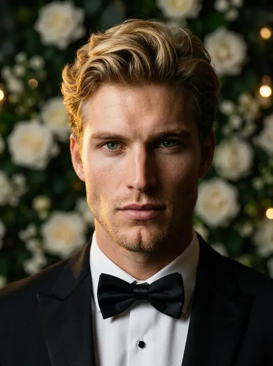 AI AI Prom Photos — Iconic Night — AI prom portrait with dramatic gold lighting and floral wall backdrop