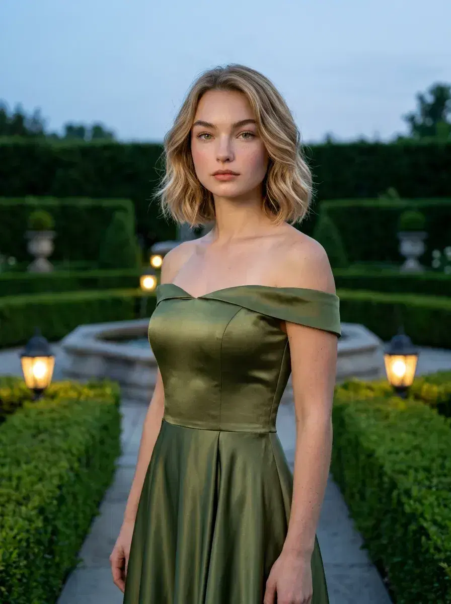 AI AI Prom Photos — Iconic Night — AI prom photo in formal garden at twilight with stone fountains and lanterns