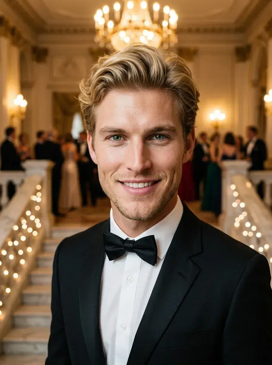 AI AI Prom Photos — Iconic Night — AI prom photo of person in formal attire on grand marble staircase with chandelier lighting