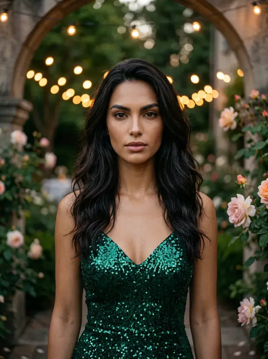 AI AI Prom Photos — Iconic Night — AI prom photo in garden courtyard with string lights and floral archway