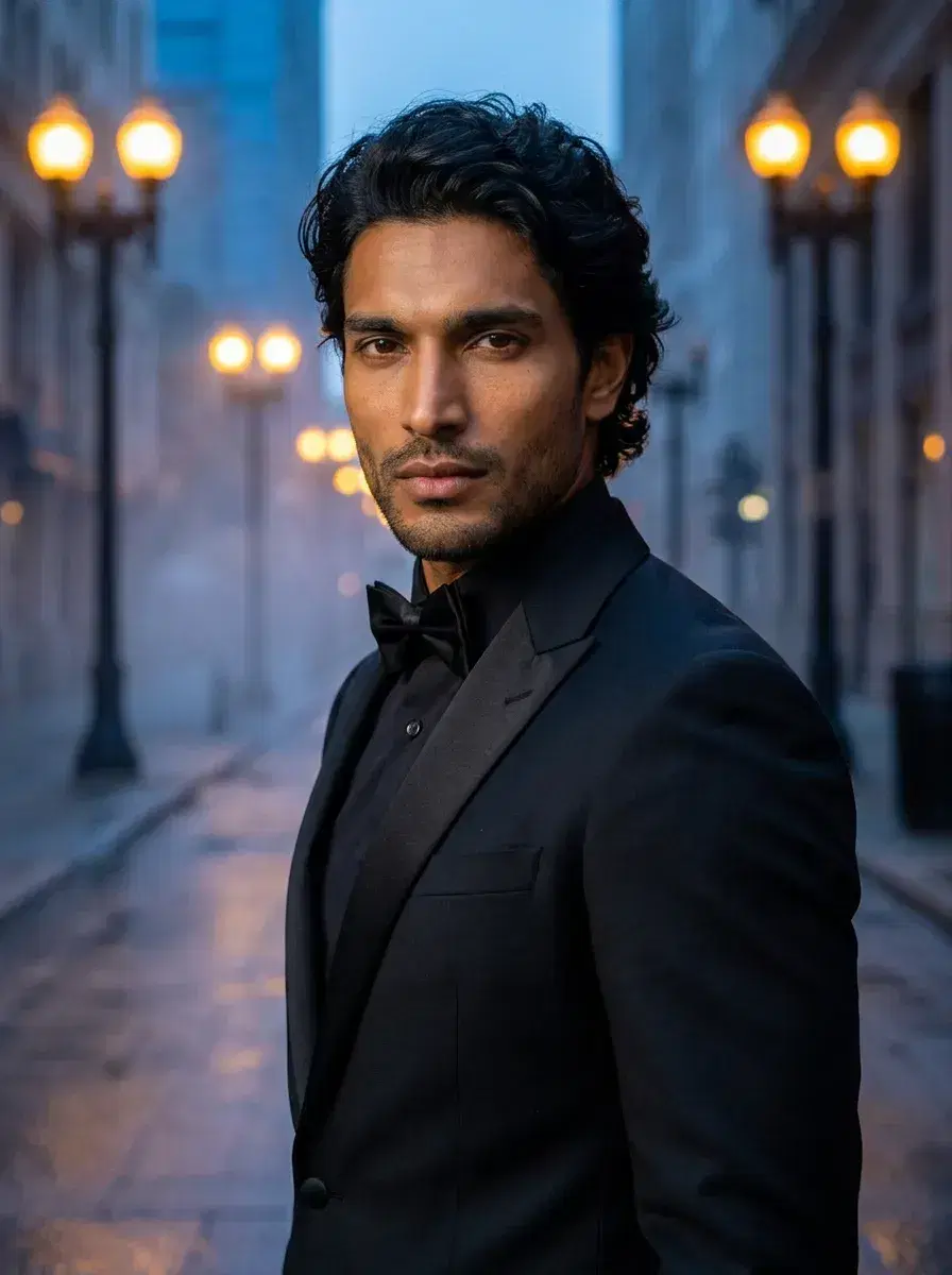 AI AI Prom Photos — Iconic Night — AI prom photo on downtown street at blue hour with glowing lampposts