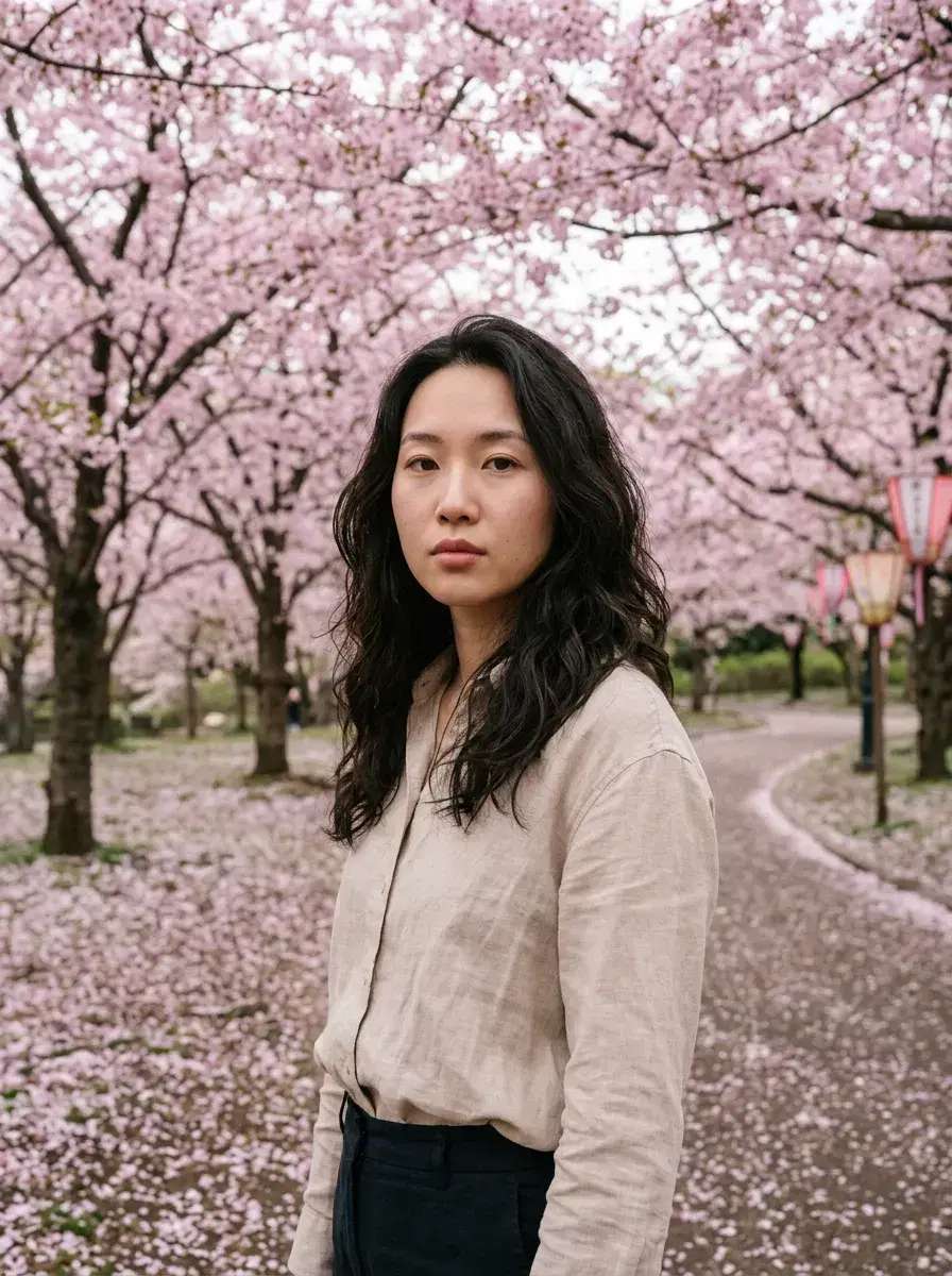 AI AI Spring Photos — Bloom Beautifully — AI spring photo of a person in a Japanese cherry blossom park