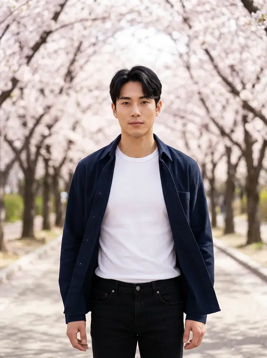 AI AI Spring Photos — Bloom Beautifully — Person at a cherry-blossom avenue in an AI spring city park photo