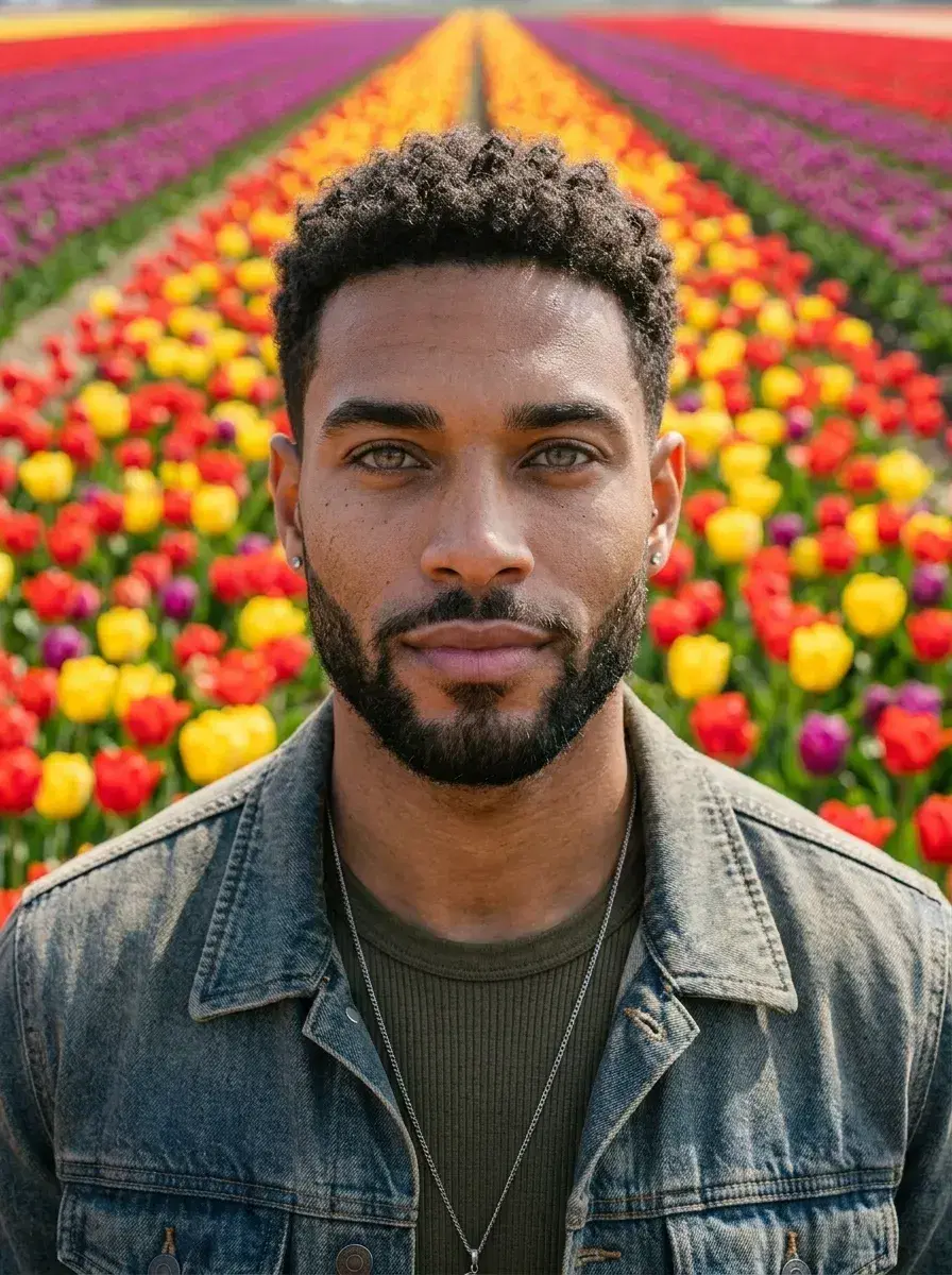 AI AI Spring Photos — Bloom Beautifully — Person in front of a Dutch tulip field in an AI spring photo