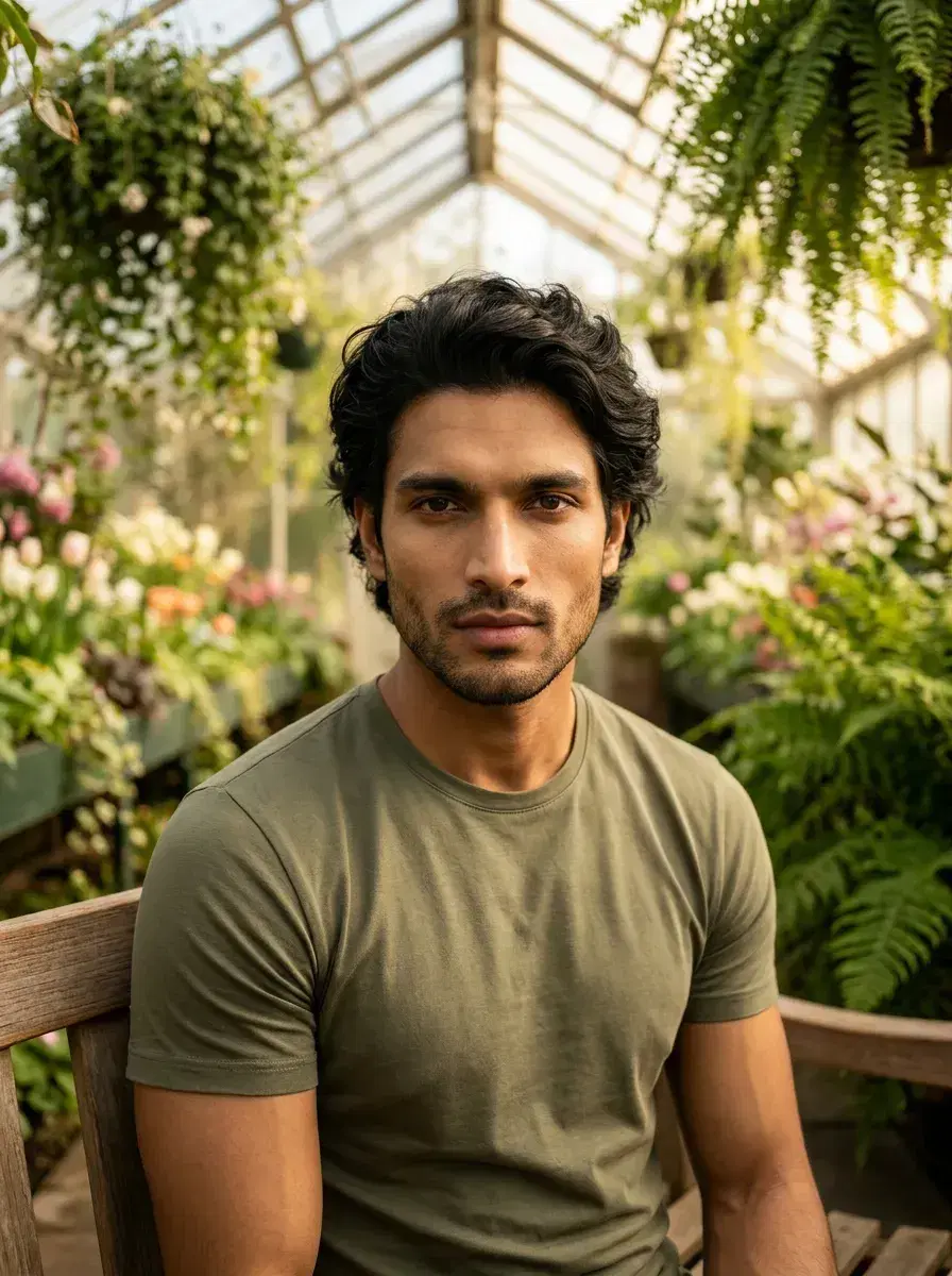 AI AI Spring Photos — Bloom Beautifully — Person in a botanical greenhouse in an AI-generated spring portrait