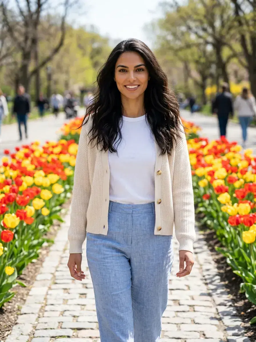 AI AI Spring Photos — Bloom Beautifully — Person on a tulip-lined path in an AI-generated spring scene