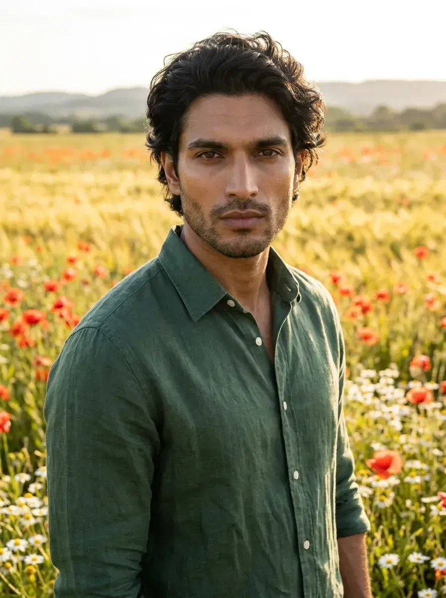 AI AI Spring Photos — Bloom Beautifully — Person in a wildflower meadow at golden hour in an AI spring photo