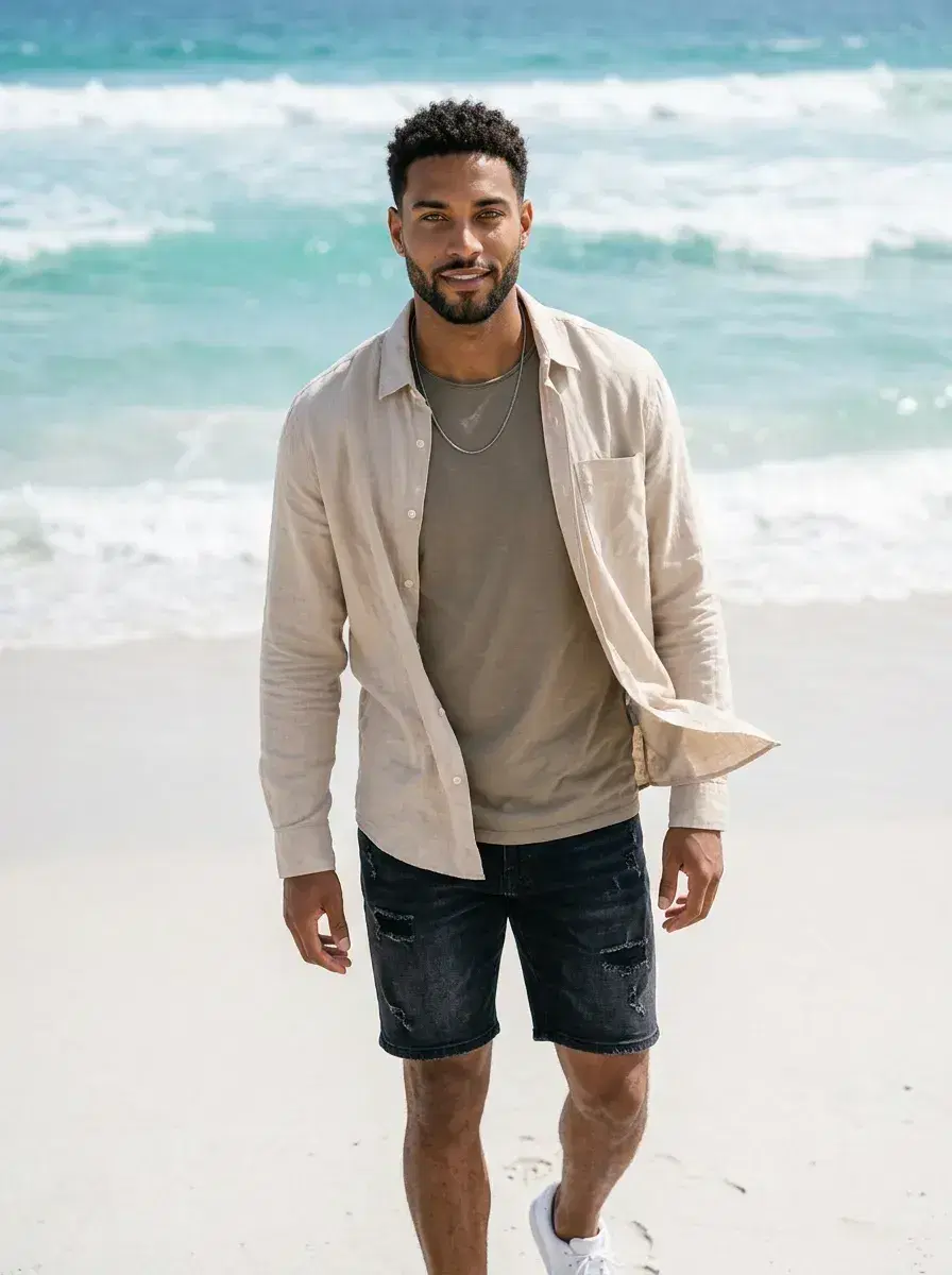 AI AI Summer Photos — Golden Hour Vibes — Person on a white sandy beach in summer — AI summer beach photo