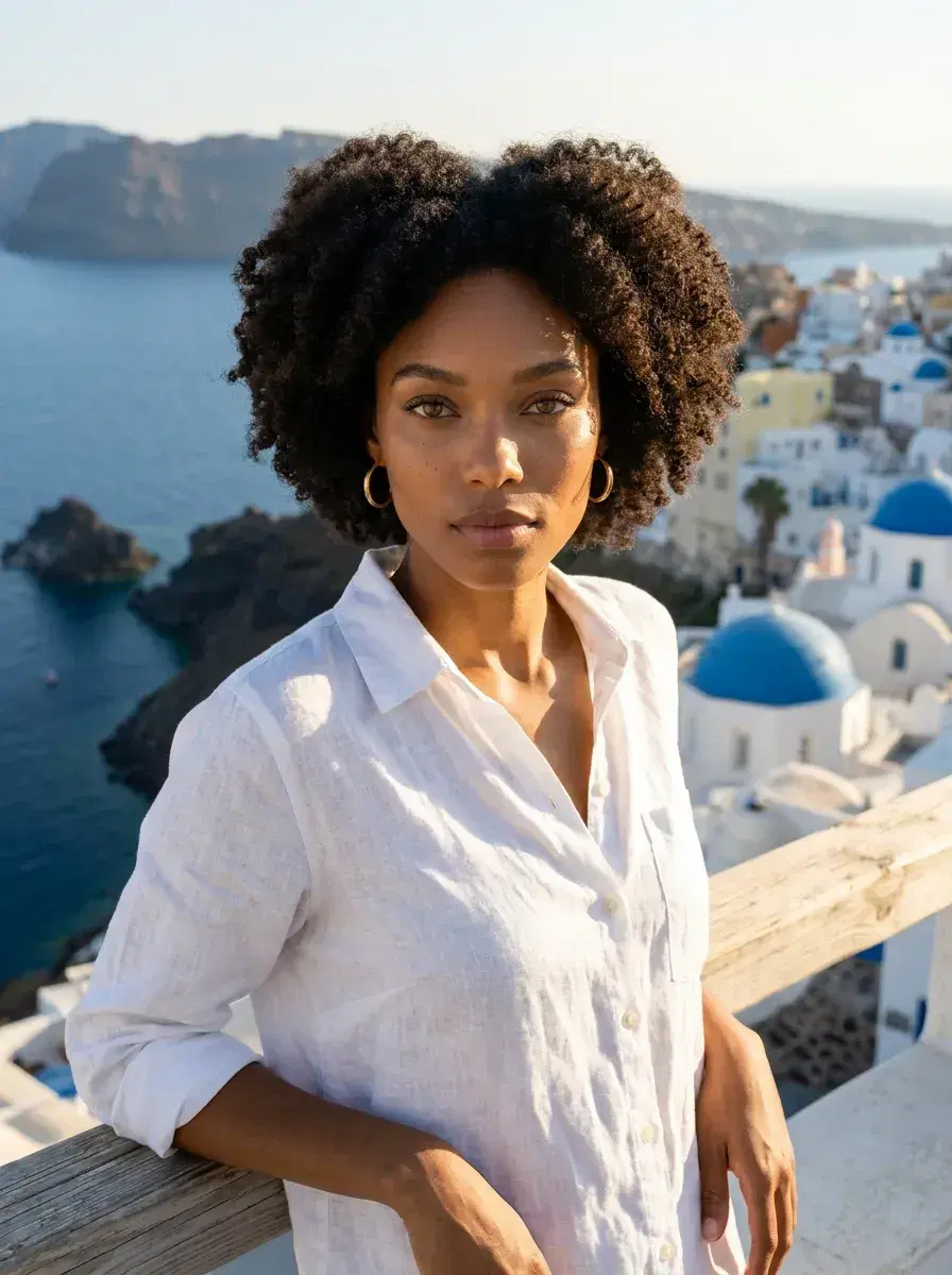 AI AI Summer Photos — Golden Hour Vibes — Person overlooking a Greek island bay — AI summer travel photo