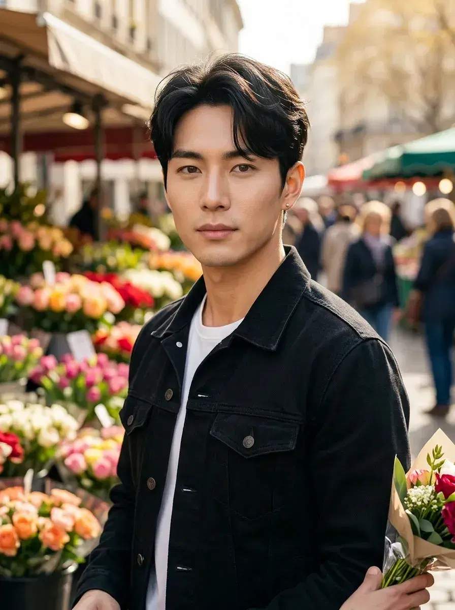 AI AI Summer Photos — Golden Hour Vibes — Person at a European flower market in summer — AI summer street photo