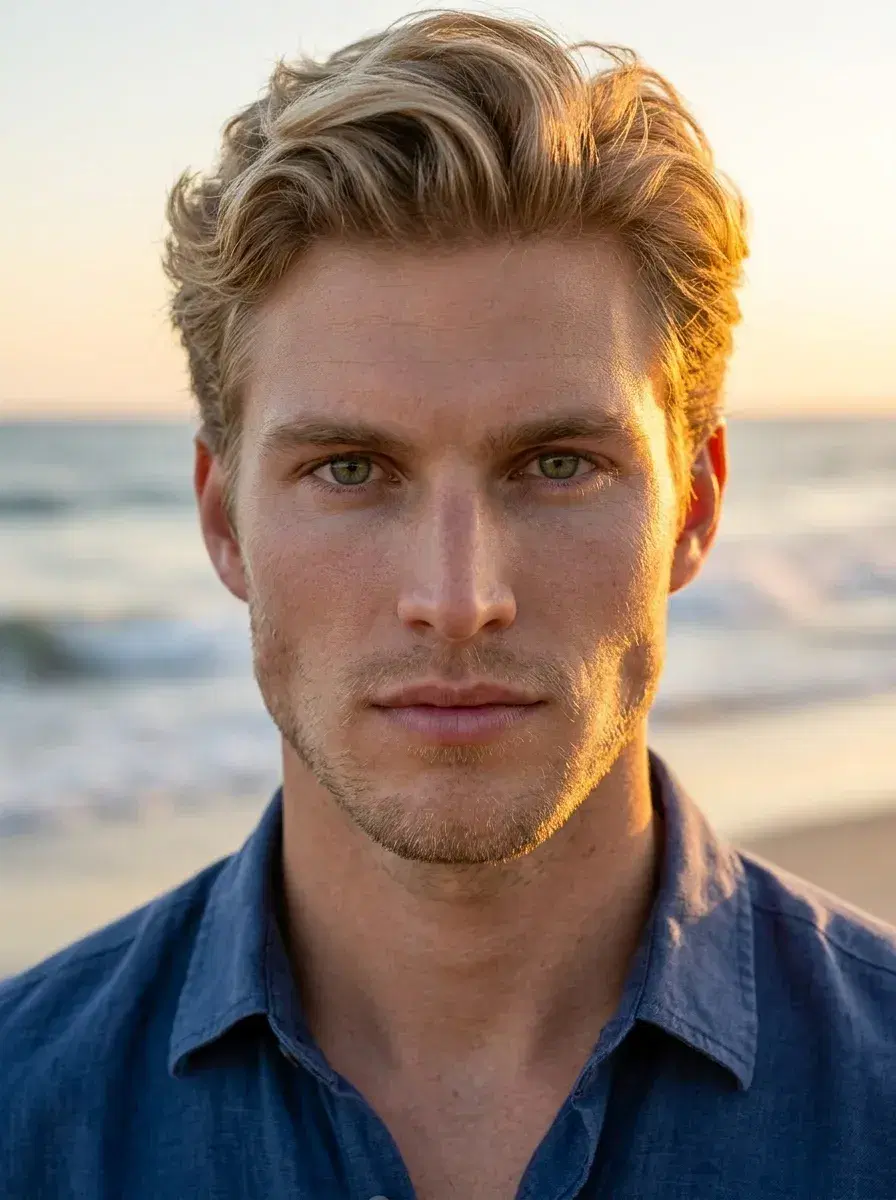 AI AI Summer Photos — Golden Hour Vibes — Close-up golden hour portrait on the beach — AI summer portrait