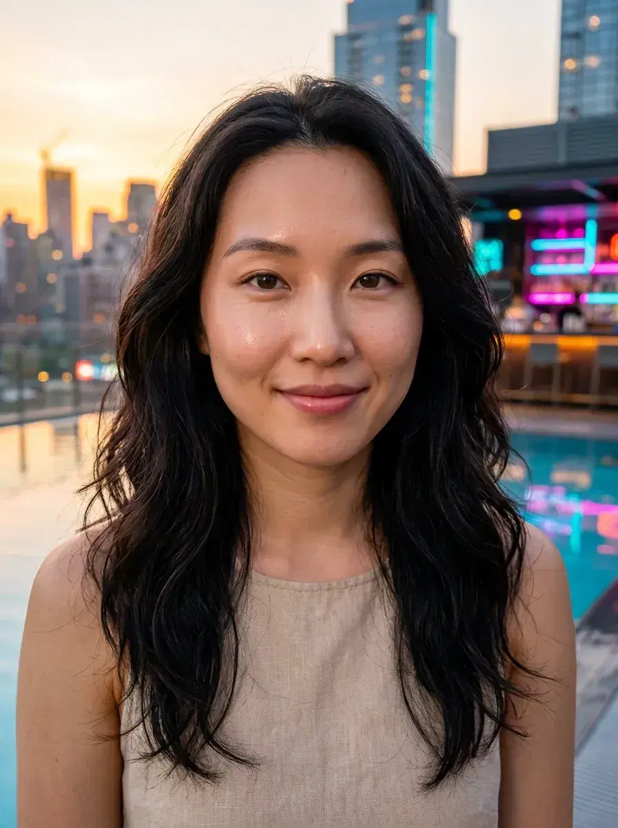 AI AI Summer Photos — Golden Hour Vibes — Person at a rooftop pool bar at magic hour — AI summer nightlife photo