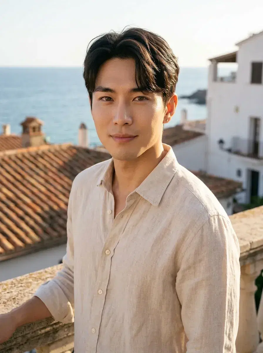 AI AI Summer Photos — Golden Hour Vibes — Person on a Mediterranean terrace in golden afternoon light — AI summer photo