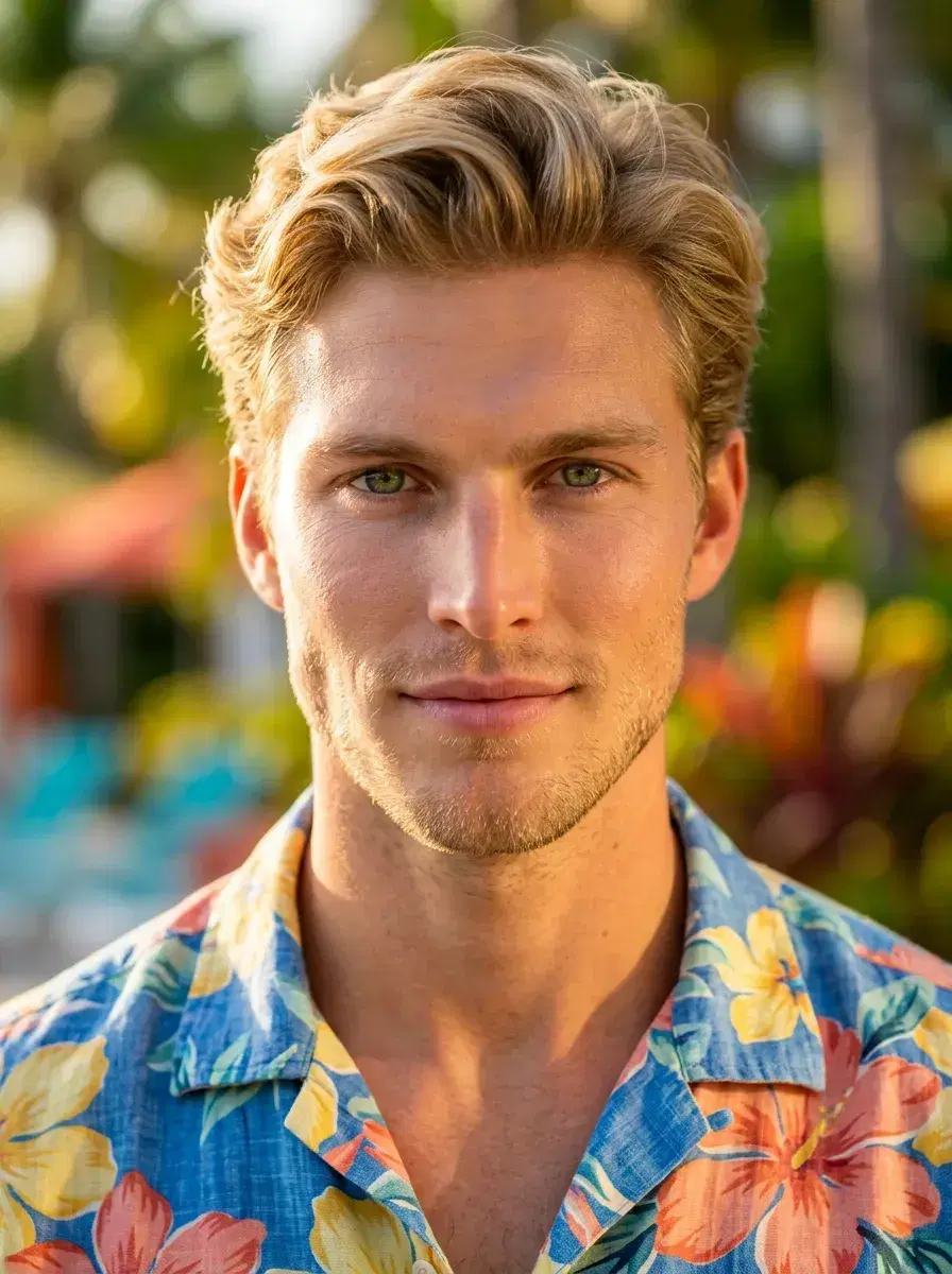 AI AI Summer Photos — Golden Hour Vibes — Close-up AI summer portrait with tropical golden light