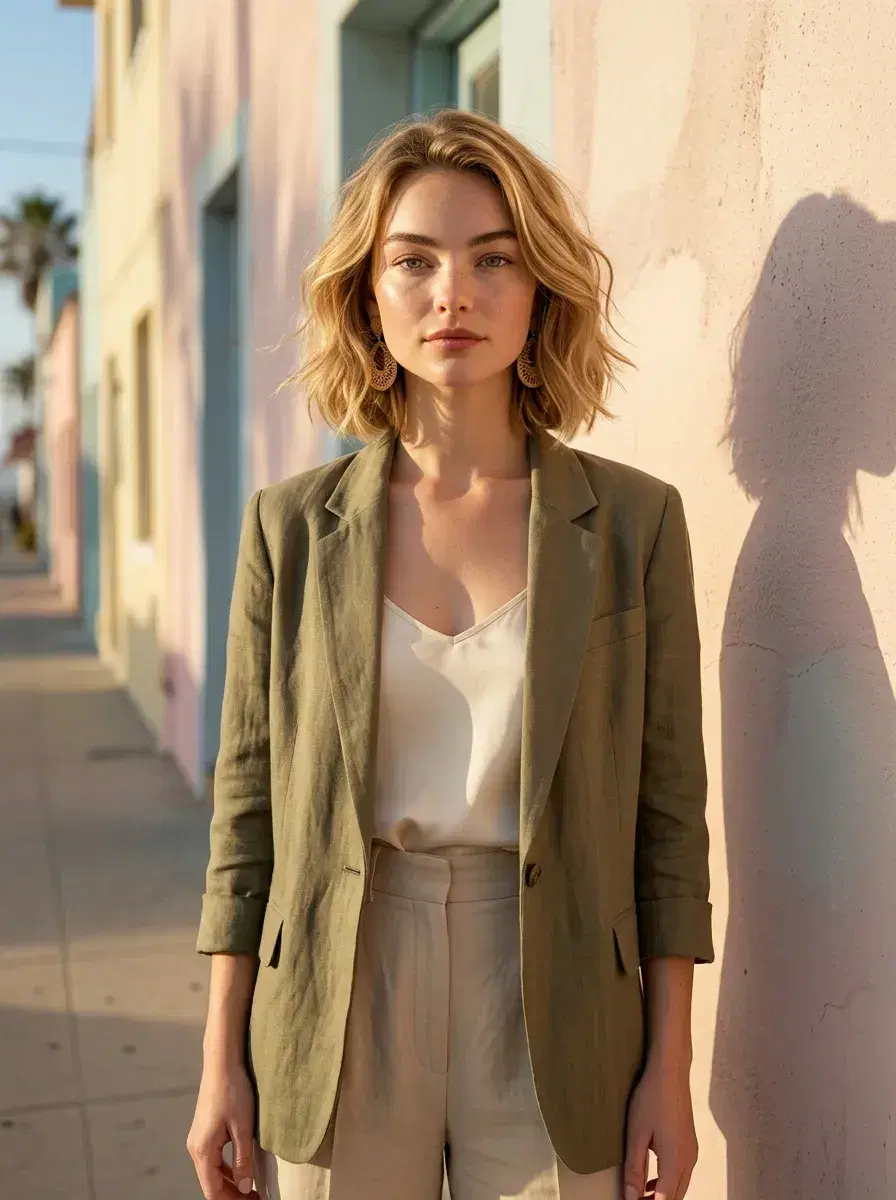 AI AI Summer Photos — Golden Hour Vibes — Person beside a pastel beach town wall — AI summer street style photo