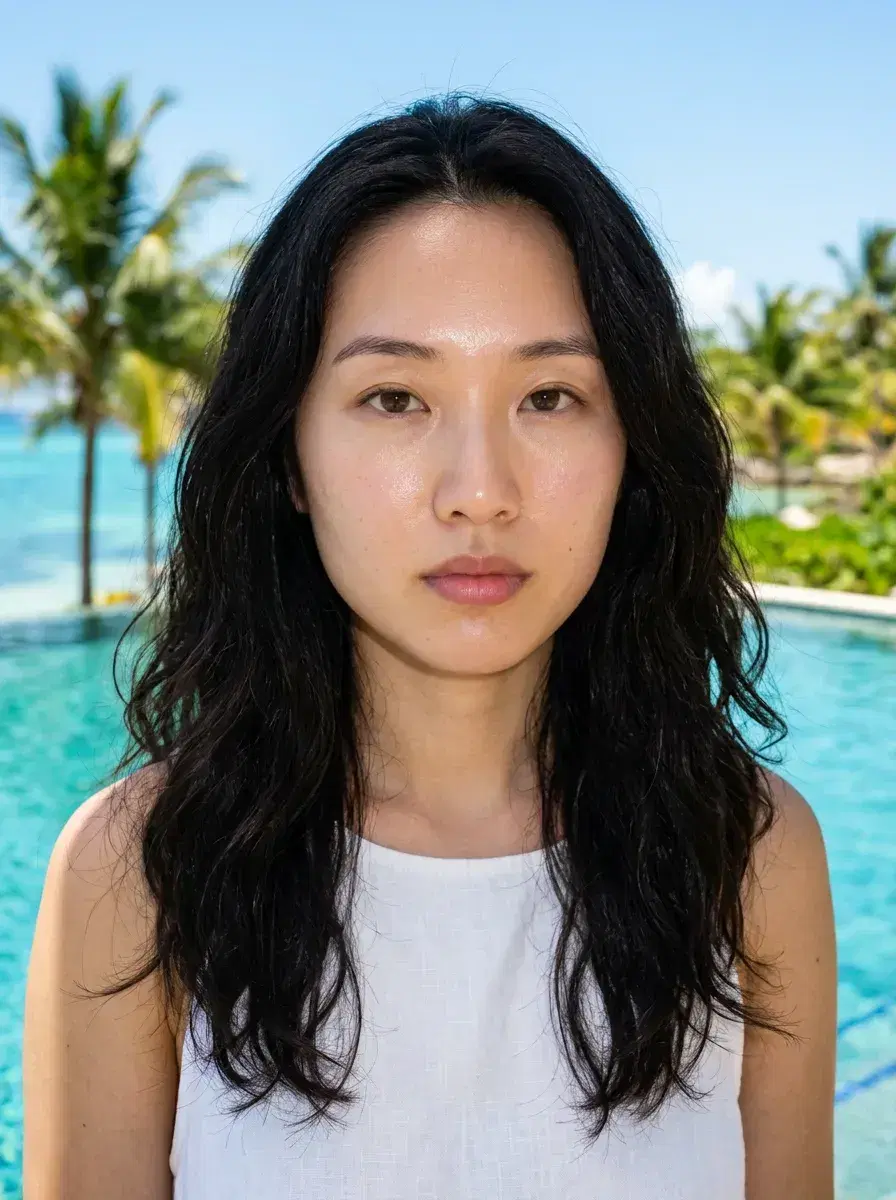 AI AI Summer Photos — Golden Hour Vibes — Person at infinity pool in resort wear — AI summer poolside photo