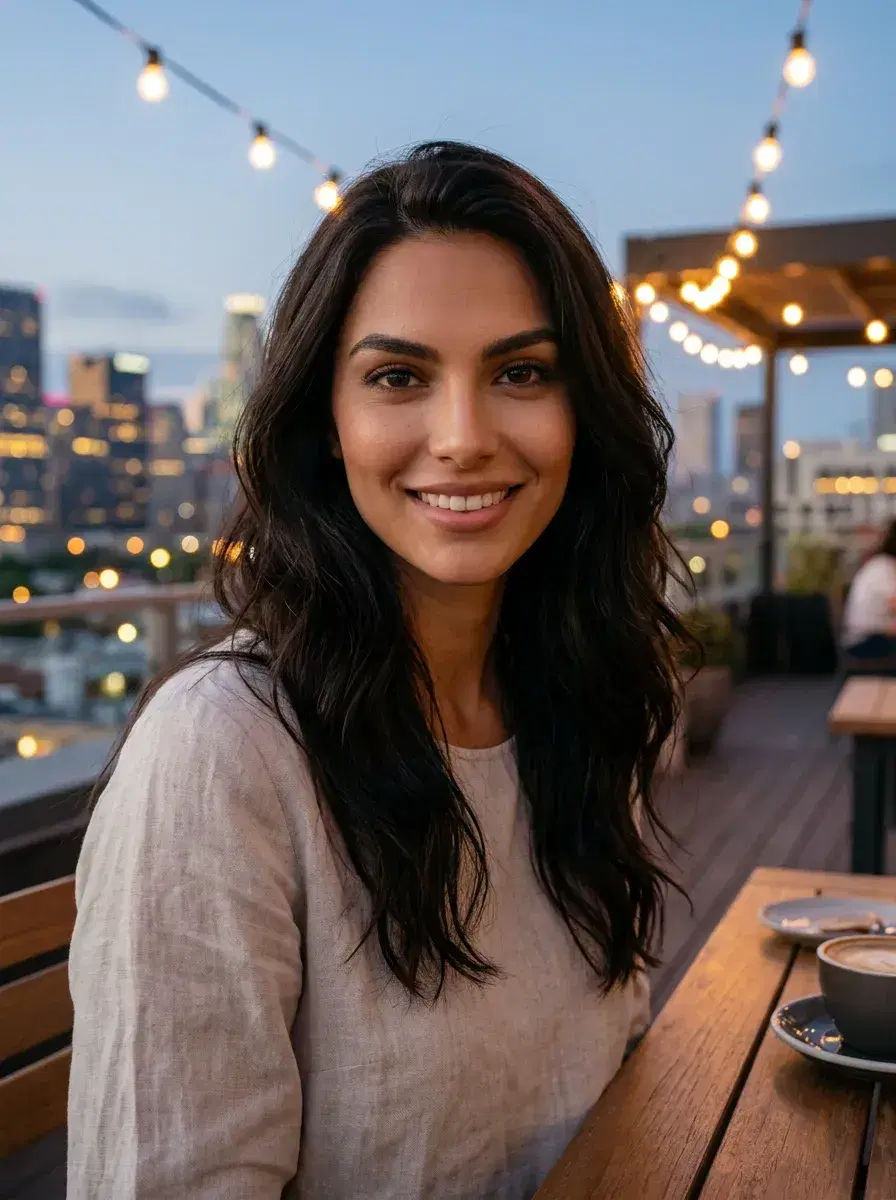 AI AI Summer Photos — Golden Hour Vibes — Person at rooftop café at dusk — AI summer evening photo