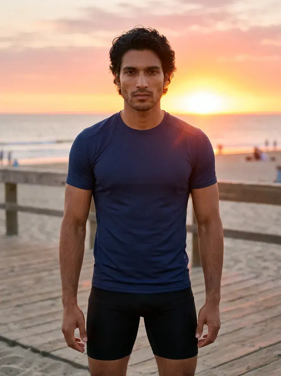 AI AI Summer Photos — Golden Hour Vibes — Person on beach boardwalk at golden hour — AI summer outdoor photo