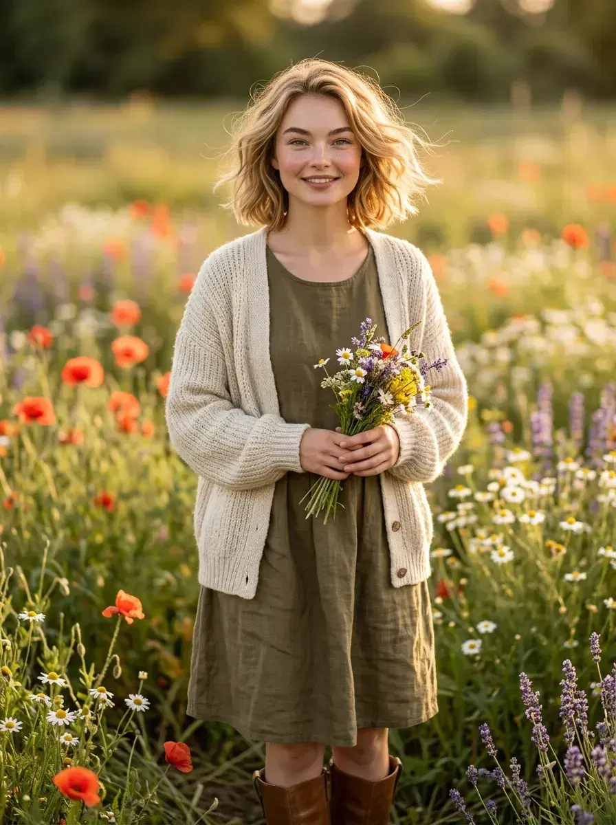 AI AI TikTok Photos — Feed-Stopping Looks — Cottagecore TikTok aesthetic photo in a wildflower meadow