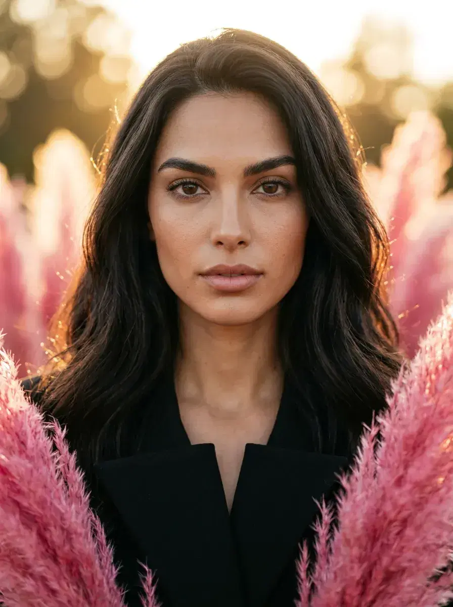 AI AI TikTok Photos — Feed-Stopping Looks — Golden hour close-up TikTok portrait with pink pampas grass