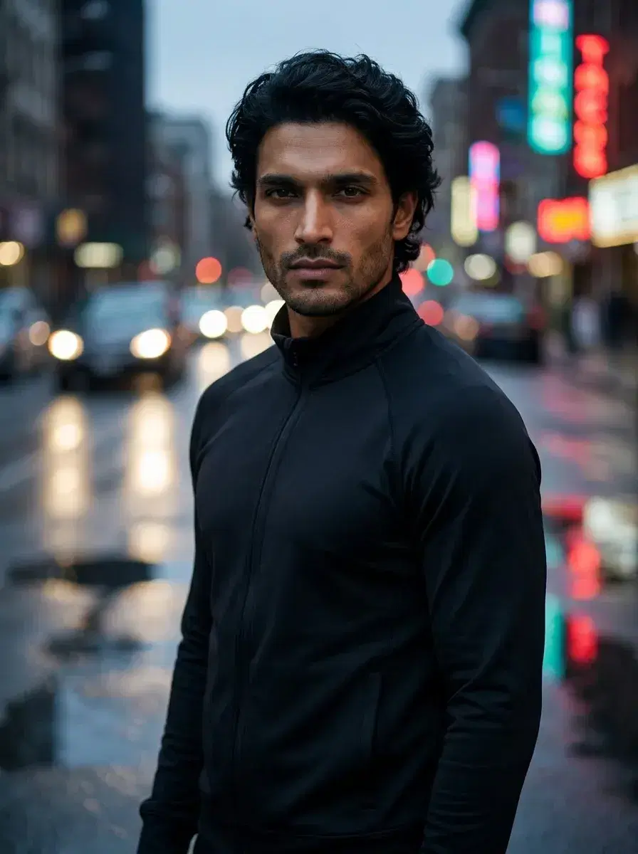 AI AI TikTok Photos — Feed-Stopping Looks — Rainy city street dusk three-quarter TikTok editorial photo