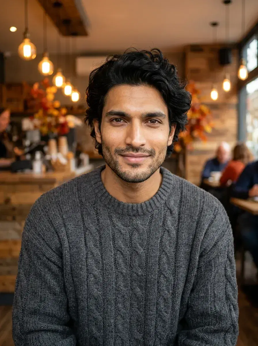 AI AI TikTok Photos — Feed-Stopping Looks — Cosy coffee shop chest-up TikTok photo with warm Edison bulb bokeh