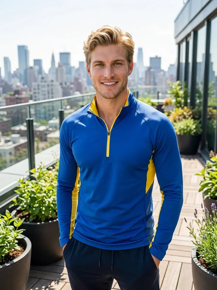 AI AI TikTok Photos — Feed-Stopping Looks — Rooftop city skyline TikTok photo in vibrant athleisure