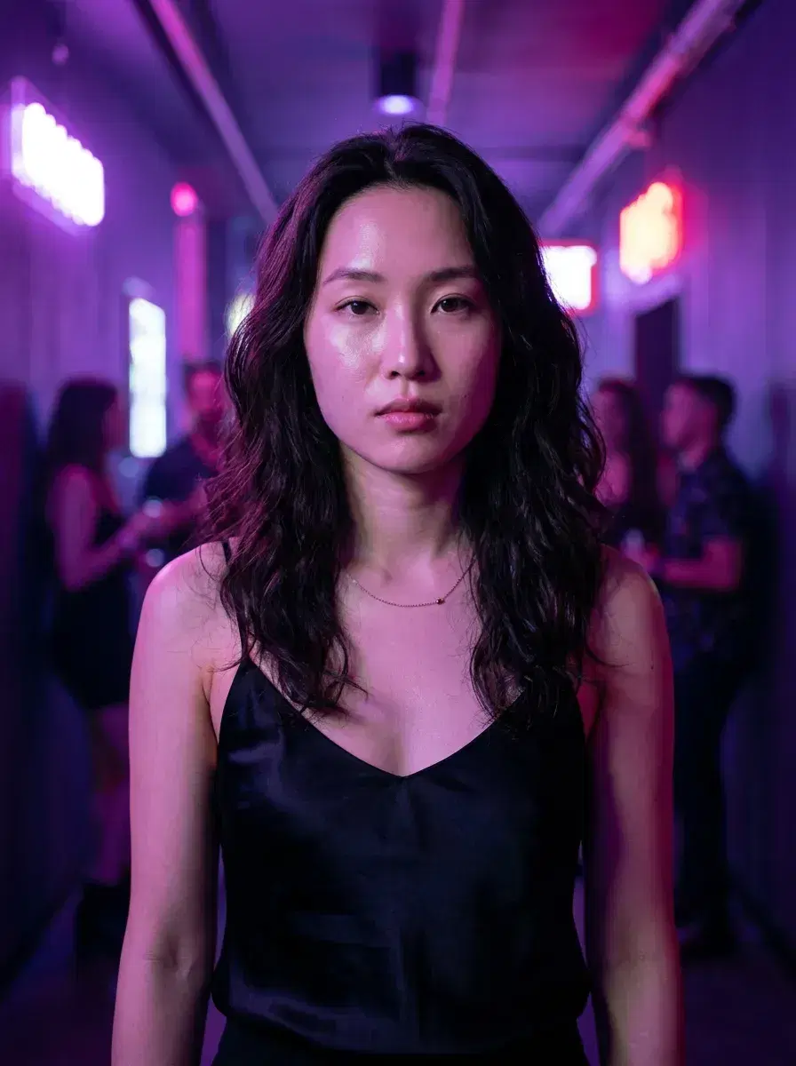 AI AI TikTok Photos — Feed-Stopping Looks — Moody neon club corridor waist-up TikTok photo
