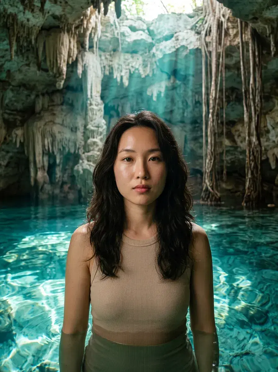 AI AI Tulum Photos — Instant Wanderlust — Person standing in a glowing underground Tulum cenote with cave stalactites