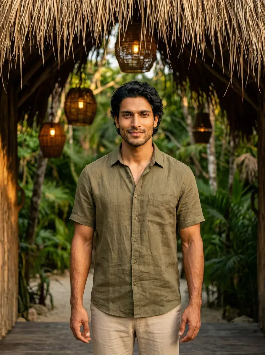 AI AI Tulum Photos — Instant Wanderlust — Person at the entrance of a Tulum jungle restaurant with thatched roof and lanterns
