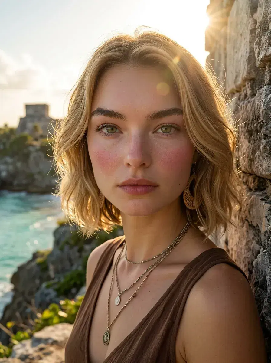 AI AI Tulum Photos — Instant Wanderlust — Person at Tulum ruins cliffside with Caribbean Sea and golden sun behind