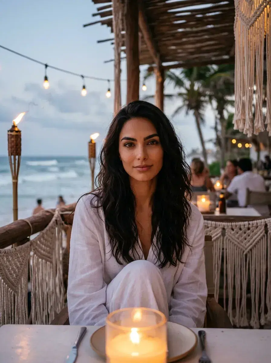 AI AI Tulum Photos — Instant Wanderlust — Person at a candlelit Tulum beach club at dusk with tiki torches and ocean behind