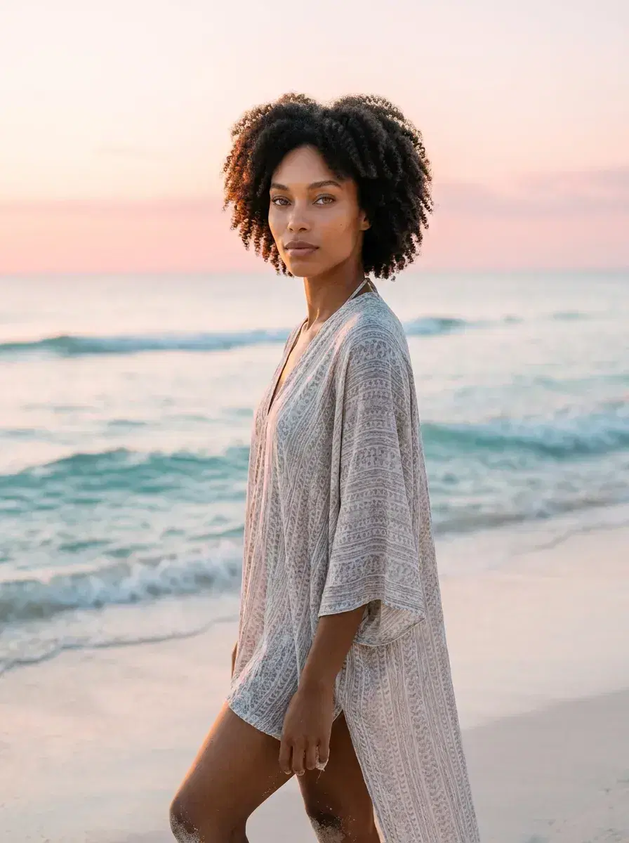 AI AI Tulum Photos — Instant Wanderlust — Person on Tulum beach at sunrise with pink glowing horizon and calm turquoise sea