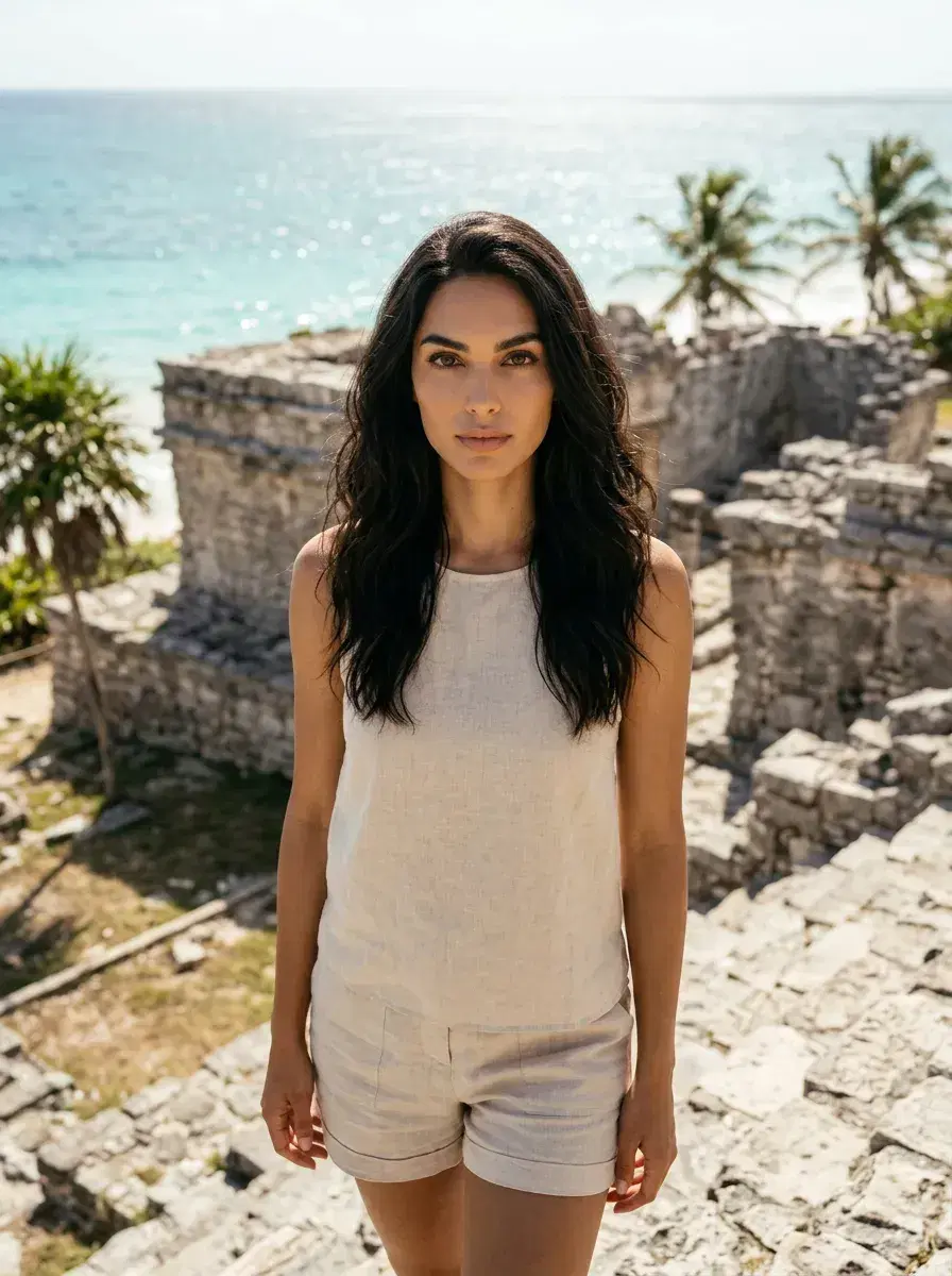 AI AI Tulum Photos — Instant Wanderlust — Person posing on Tulum Mayan ruins with ocean view behind