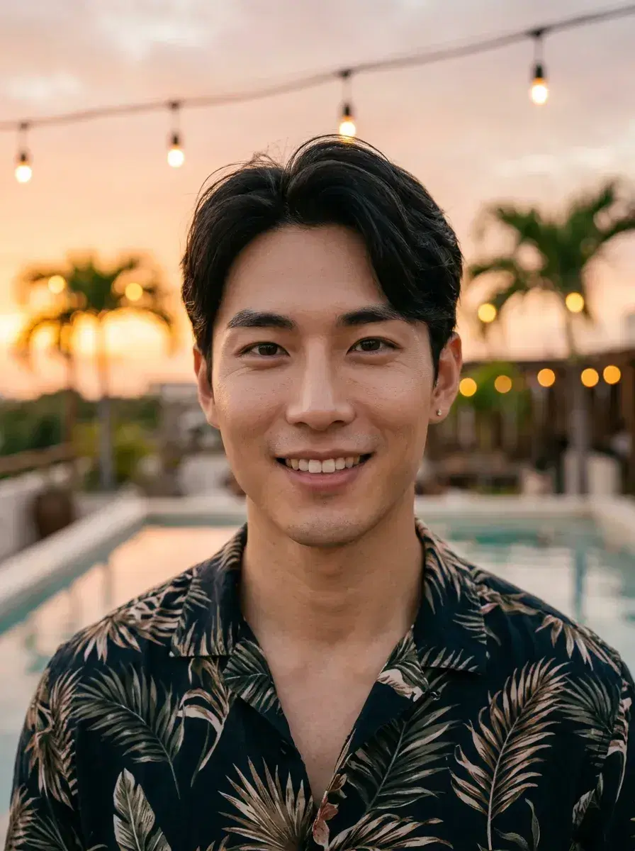 AI AI Tulum Photos — Instant Wanderlust — Person at a Tulum rooftop pool bar during golden hour sunset