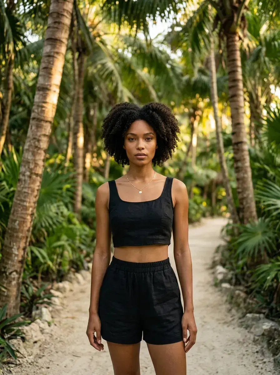 AI AI Tulum Photos — Instant Wanderlust — Person standing on a tropical jungle path in Tulum surrounded by palm trees