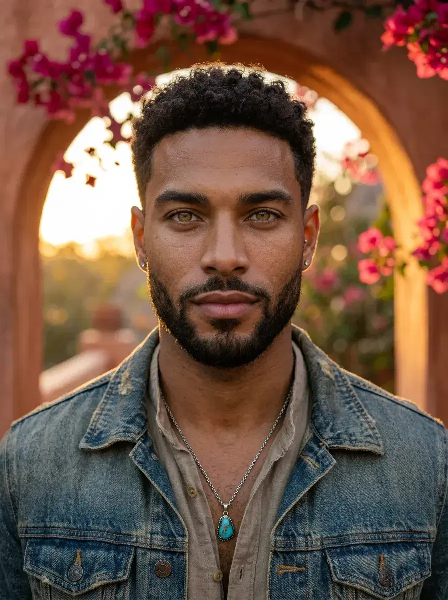 AI AI Tulum Photos — Instant Wanderlust — Close-up portrait of person framed by a Tulum bougainvillea-covered archway at sunset