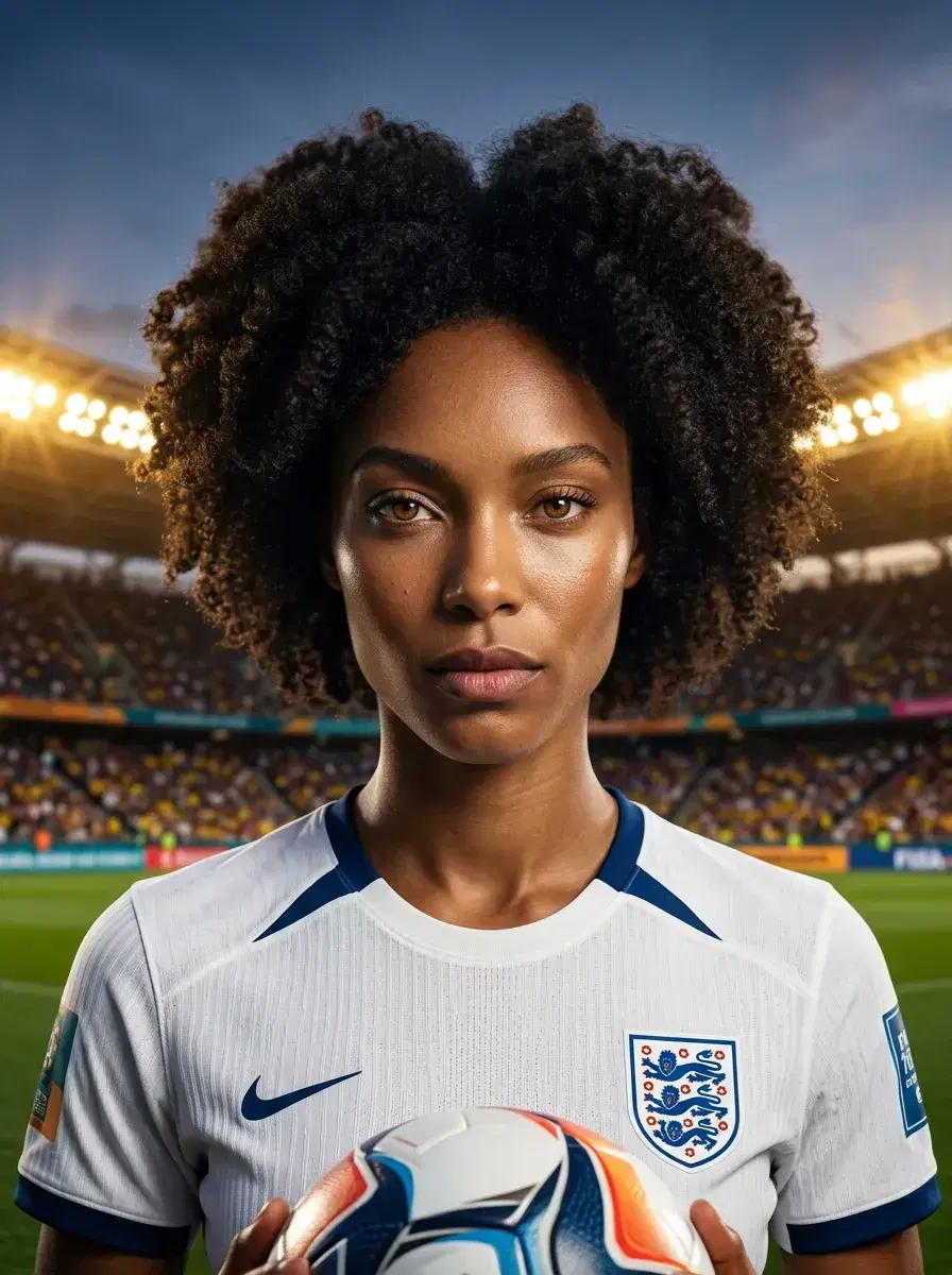 AI AI World Cup Photos — Stadium Glory — Person in football kit on a World Cup pitch at dusk with stadium filling behind