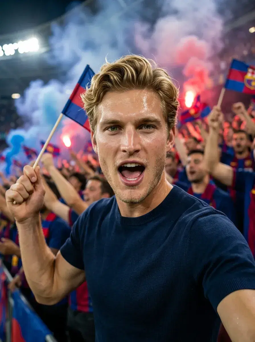 AI AI World Cup Photos — Stadium Glory — Person celebrating in World Cup stadium terrace surrounded by flags and coloured smoke