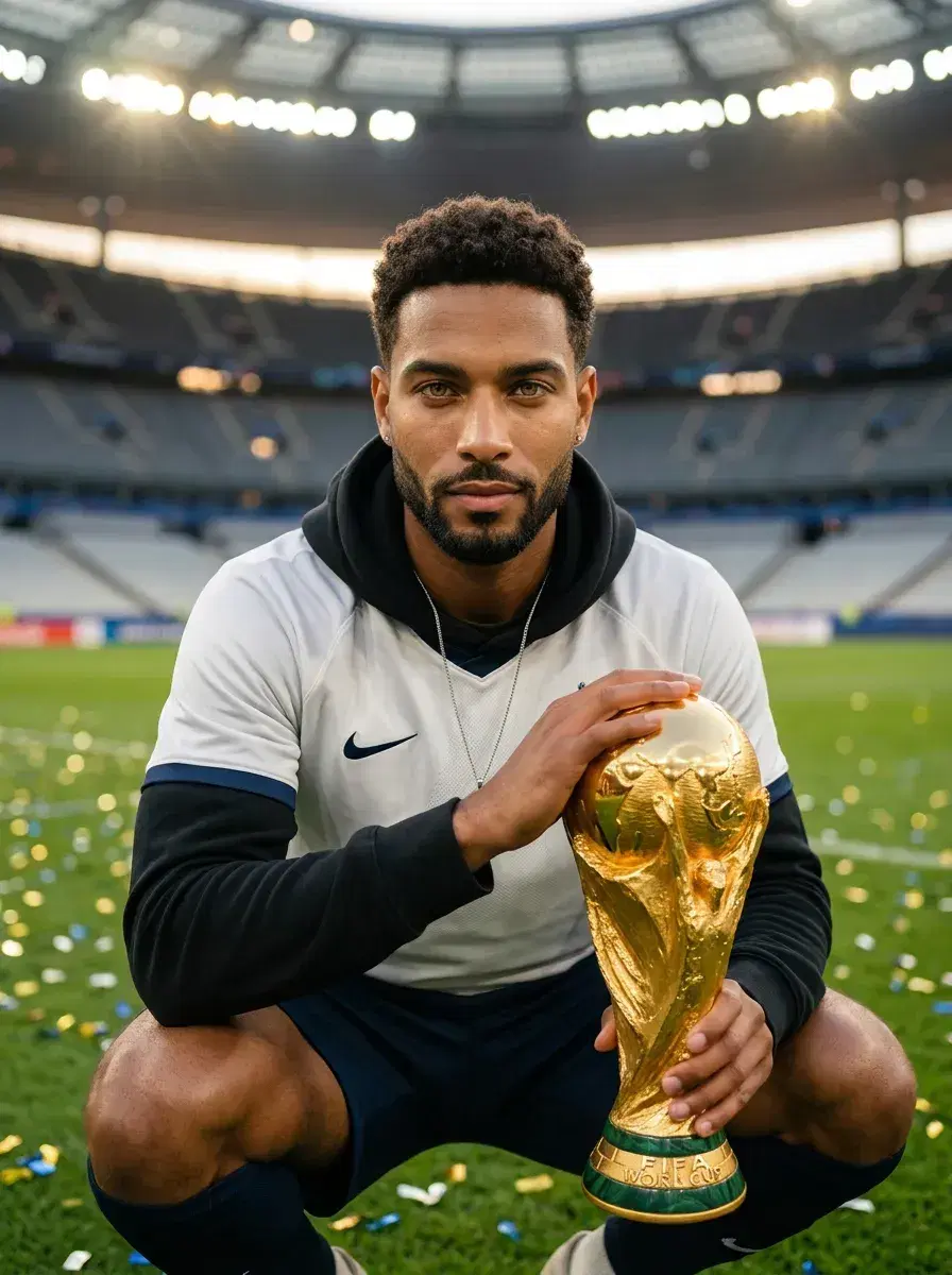 AI AI World Cup Photos — Stadium Glory — Person crouching beside the World Cup trophy on the pitch after the final whistle